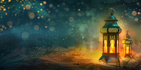 Islamic style lantern design for ramadan celebration with  glitter background