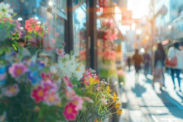 A blurred street scene captures people walking past an outdoor flower shop, with sunlight filtering through the glass windows and creating a bokeh effect on the colorful flowers outside.