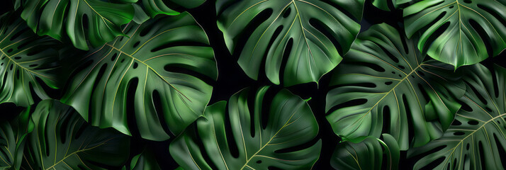 Dark green tropical leaves, including monstera and palms, are set against a black backdrop.