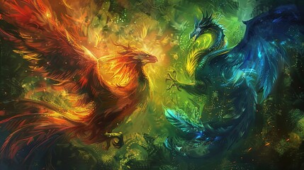 Dive into a fantasy realm with this vibrant clash of fire and ice phoenixes!