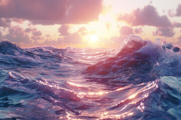 A low-angle view captures a wave in the ocean under a pink sunset sky. - obrazy, fototapety, plakaty
