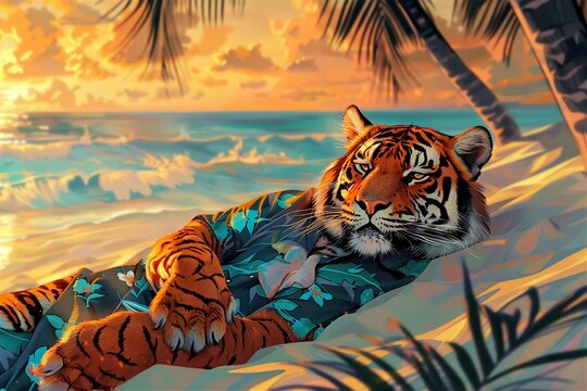 Fototapeta A photo of a tiger wearing a hawaiian shirt is lying on the beach and looking at the sunset.