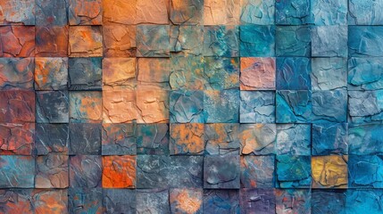 A closeup view reveals a textured slate with each tile composed of varying shades and colors, forming an abstract pattern against a gradient background from blue to orange.