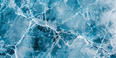 A close-up view of an icy surface reveals delicate cracks and the texture of frozen water in shades of blue and white.