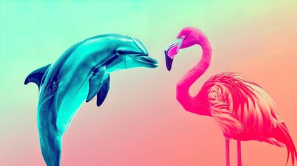 Colorful rendezvous: A dolphin and flamingo in a surreal, gradient paradise!