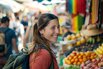Obraz premium Vibrant street photography captures smiling tourists exploring a bustling urban market