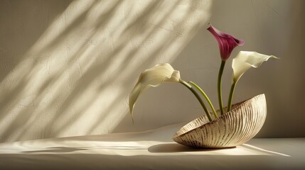 A photo of an elegant minimalist arrengement with one calla lily and two purple buds on top, 