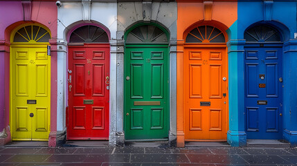 Panoramic rainbow colors collection of typical irish georgian doors of Dublin. generative ai  - obrazy, fototapety, plakaty
