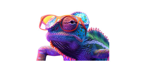 A purple and blue chameleon wearing orange sunglasses on a purple background