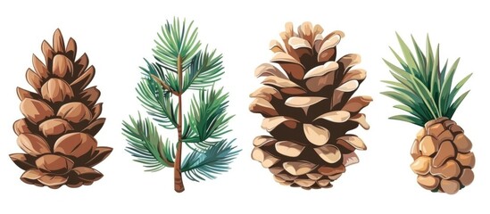 Set of pine cones with leaves on a white background, showcasing natural materials from terrestrial plants like larch and shortstraw pine. Evergreen trees add a touch of greenery to any space