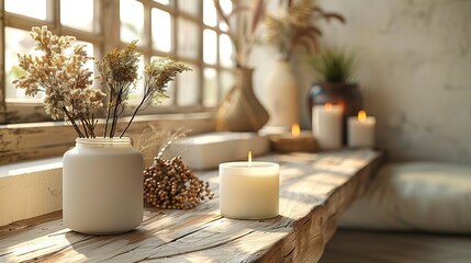 Mockup vela aesthetic para insertar texto, branding vela aromática minimalista colores tierra