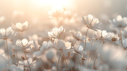 Field of flowers drawn with only light, ethereal, magical lighting, on a pale background.