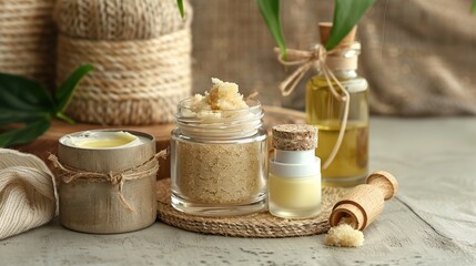 a transparent jar with cream with no label, a bottle with body scrub, a transparent bottle with body oil. this picture should have a soothing effect that imbibes the essence of ayurveda  