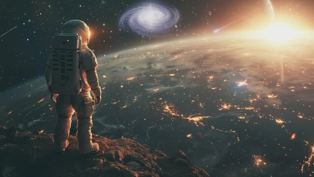 a astronaut is in outer space looking at a planets, 4k looping time lapse, animation video background 