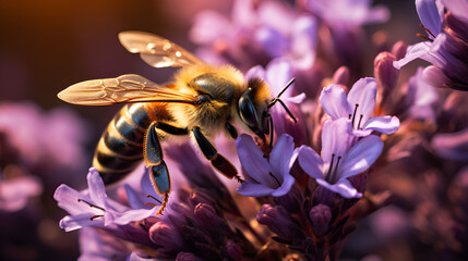 A bumblebee or bee pollinates a flower in spring or summer - obrazy, fototapety, plakaty
