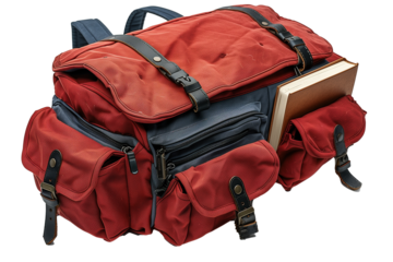 Leather brown school backpack isolated on transparent background. Back-to-school concept	
