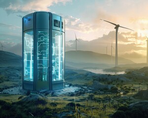 Artistic representation of a Battery in a futuristic energy landscape, , Generative Ai