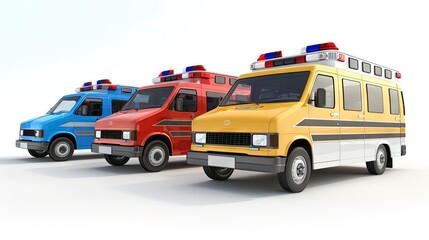 Ambulances row white isolated background, realistic photo 