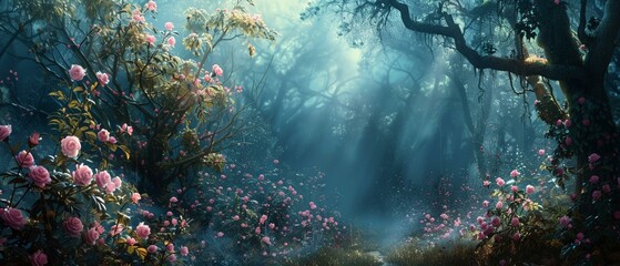 Ethereal forest, blossoming secrets, hidden paradise - obrazy, fototapety, plakaty