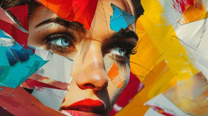 An artistic portrait of a woman's face composed of colorful, fragmented pieces, representing...