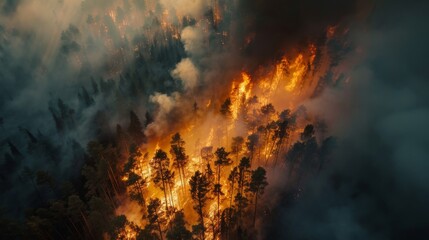 A striking image of an intense wildfire raging through a forest, a testament to nature's power and the urgency of environmental concerns - obrazy, fototapety, plakaty