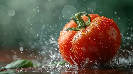 tomate cortado a la mitad aislado en fondo verde, tomate maduro fresco en el aire flotando - obrazy, fototapety, plakaty