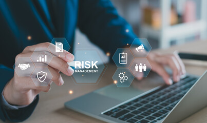 Risk manage, Business risk assessment. Businessman assess investment, Safety control risk. Reduce opportunity for financial investment, projects, manage business. Manage low level strategy.