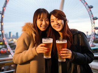 Two korean or asian or chinese women smiling with beer in front of a lake, in front of the london eye. Happy holiday	
