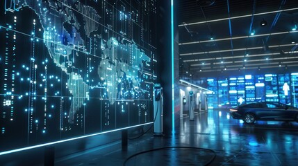 Display showcases the global network of electric vehicle charging stations, Generative Ai