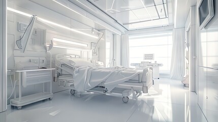Clean hospital room, white bed, bedside medical equipment, table and window, medical core, provia, in white and silver style,  