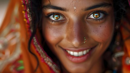 Close-up portrait of a smiling South Asian woman wearing traditional attire, highlighting her cultural beauty.