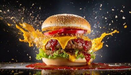 A hamburger, splashing ketchup and mustard