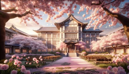 Foto op Canvas Cherry Blossoms in Bloom at a Realistic School - Suitable for RPG and Gaming, Generative AI © mckay