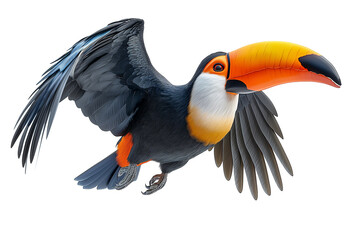 Flying toucan with spread wings isolated on transparent background. Wildlife animal