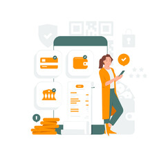 Woman paying money online transfer, digital payment, e wallet, mobile transaction concept illustration
