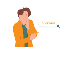 Young man whispering and pointing index finger to the side at blank empty copy space concept illustration