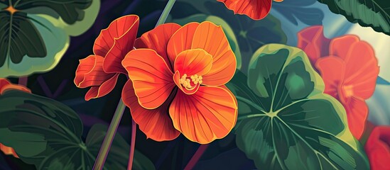 A detailed closeup of a vibrant red flower with lush green leaves against a dark backdrop, showcasing the beauty of natures art in a terrestrial plant