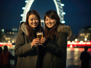 Two korean or asian or chinese women smiling with beer in front of a lake, in front of the london eye. Happy holiday	
 - obrazy, fototapety, plakaty