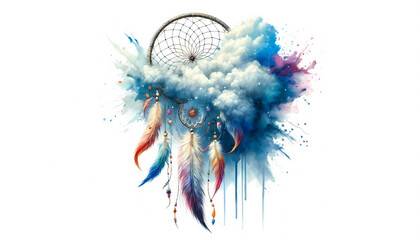 Renewal and Dreams: Watercolor Dream Catcher Emerging from Splash Cloud