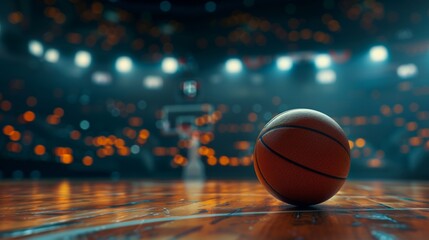 A basketball ball placed on a basketball court, showing the vibrant orange color against the clean...