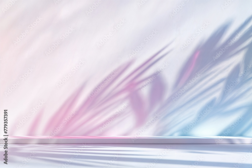 Poster white horizontal shelf with abstract blue and pink dynamic shadows on a white wall. product presenta