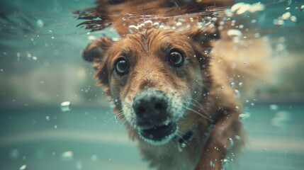 An adorable dog is swimming in the water with its head above the surface, showcasing its aquatic skills - obrazy, fototapety, plakaty