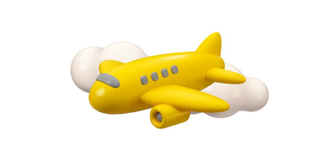Vector 3d plane in sky icon. Simple cartoon render, flying yellow airplane in the clouds, isolated on white background. Summer vacation flight concept, travel jet illustration. Worldwide delivery - 779357333