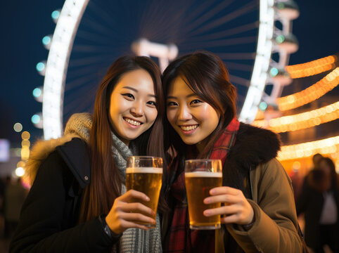 Two korean or asian or chinese women smiling with beer in front of a lake, in front of the london eye. Happy holiday	
