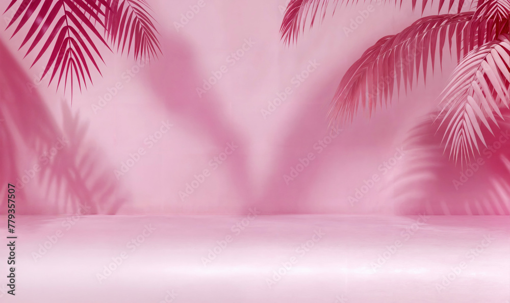 Poster pink floor with tropical palm leaf shadows on a pink background. product display with copy space. hi