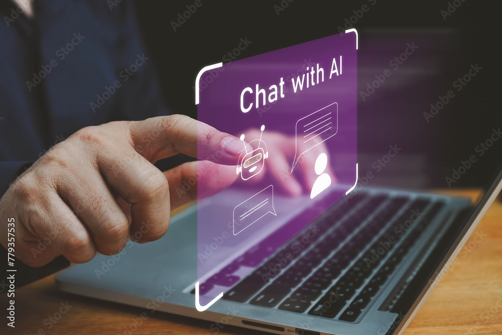 Poster chat bot chat with ai or artificial intelligence technology. man using a laptop computer chatting wi