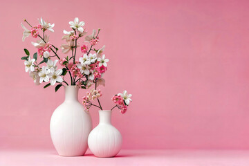 White and pink flowers in textured vases on a pink background. Elegant floral arrangement concept with space for text. Suitable for wedding invitations, greeting cards, or interior design.
