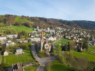 Aerial image of the Catholic church St. Michael in the old city Zug in central Switzerland