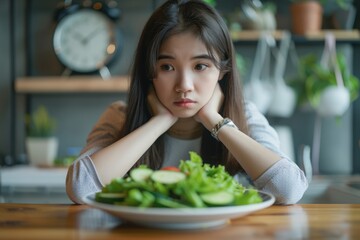 An Asian young girl is sitting at the table, and in front of her is a plate full of vegetables and salad. - obrazy, fototapety, plakaty