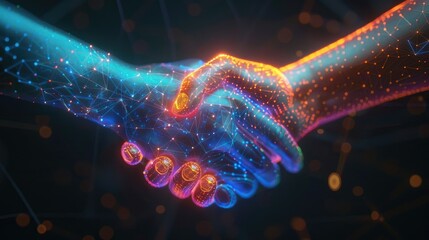A close-up of a handshake between two holographic hands sealing a Bitcoin transaction